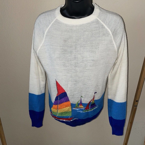 RARE VTG 70'S CYN LES SHIRLEE DESIGNS SAILBOATS SWEATER L Large - Picture 1 of 5